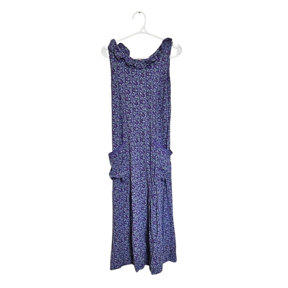 April Cornell Purple Floral Rayon Midi Dress Ruffle Neck Button Back Small